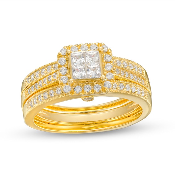 Previously Owned - 3/4 CT. T.w. Quad Princess-Cut Diamond Frame Soldered Bridal Set in 10K Gold (I/I2)