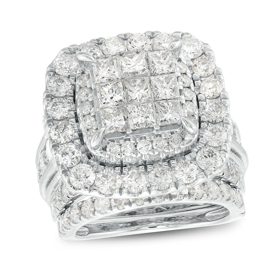 Previously Owned - 6 CT. T.w. Princess-Cut Multi-Diamond Cushion Frame Three Piece Soldered Bridal Set in 14K White Gold