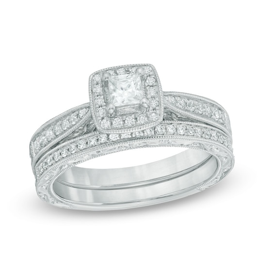 Previously Owned - 1/2 CT. T.w. Diamond Frame Vintage-Style Soldered Bridal Set in 14K White Gold (I/I2)