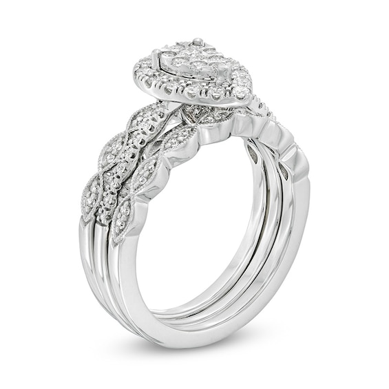 Previously Owned - 1/2 CT. T.w. Composite Pear-Shaped Diamond Art Deco Three Piece Soldered Bridal Set in 10K White Gold