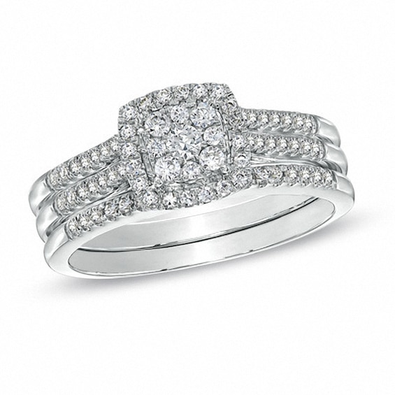 Previously Owned - 1/2 CT. T.w. Diamond Cluster Square Frame Three-Piece Soldered Bridal Set in 10K White Gold