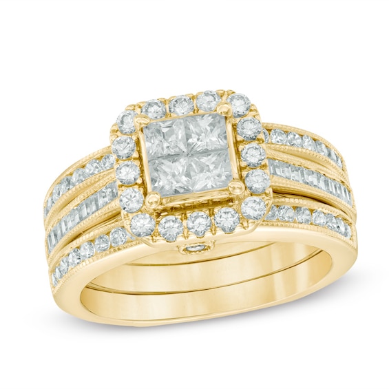 Previously Owned - 1-1/2 CT. T.w. Quad Princess-Cut Diamond Frame Soldered Bridal Set in 14K Gold