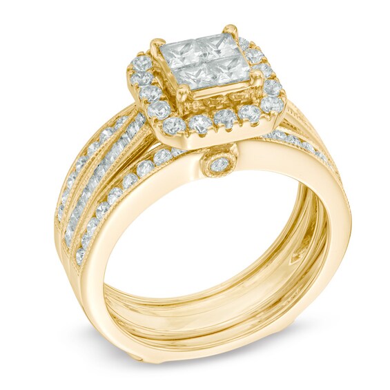 Previously Owned - 1-1/2 CT. T.w. Quad Princess-Cut Diamond Frame Soldered Bridal Set in 14K Gold