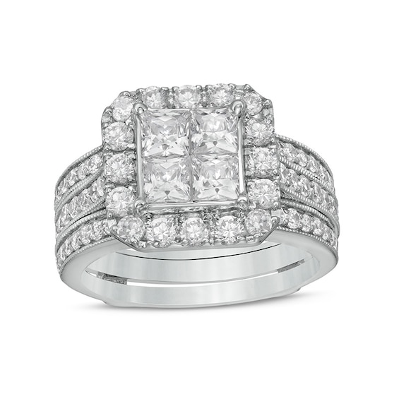 Previously Owned - 2-1/2 CT. T.w. Princess-Cut Quad Diamond Frame Vintage-Style Bridal Set in 14K White Gold