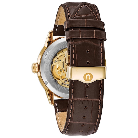 Previously Owned - Men's Bulova Sutton Automatic Gold-Tone Strap Watch with Silver-Tone Skeleton Dial (Model: 97A138)