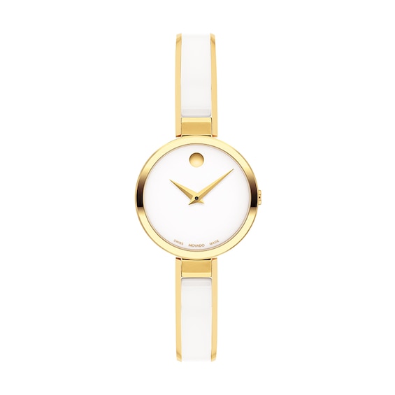 Previously Owned - Ladies' Movado Moda Two-Tone PVD Ceramic Bangle Watch with White Dial (Model: 0607715)