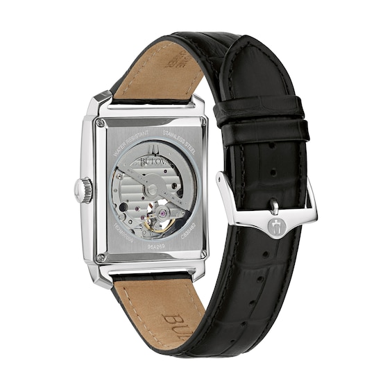 Previously Owned - Men's Bulova Sutton Automatic Strap Watch with Rectangular Black Skeleton Dial (Model: 96A269)