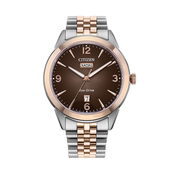 Previously Owned - Men’s Citizen Eco-Drive® Dress Classic Rolan Two-Tone IP Watch with Brown Dial (Model: Aw0156-57X)