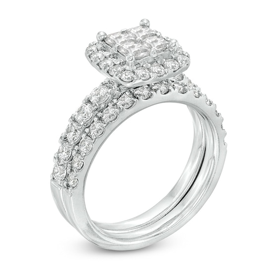 Previously Owned - 2 CT. T.w. Quad Princess-Cut Diamond Frame Soldered Bridal Set in 14K White Gold