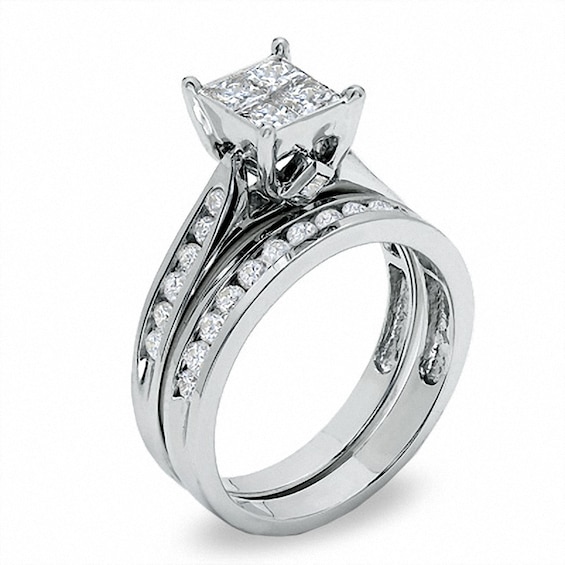 Previously Owned - 1-1/4 CT. T.w. Quad Princess-Cut Diamond Soldered Bridal Set in 14K White Gold