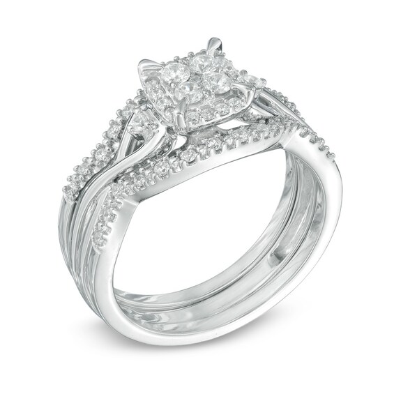 Previously Owned - 3/8 CT. T.w. Diamond Cluster Frame Three Piece Soldered Bridal Set in 10K White Gold