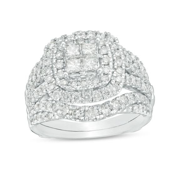 Previously Owned - 2 CT. T.w. Quad Princess-Cut Diamond Double Frame Soldered Bridal Set in 14K White Gold