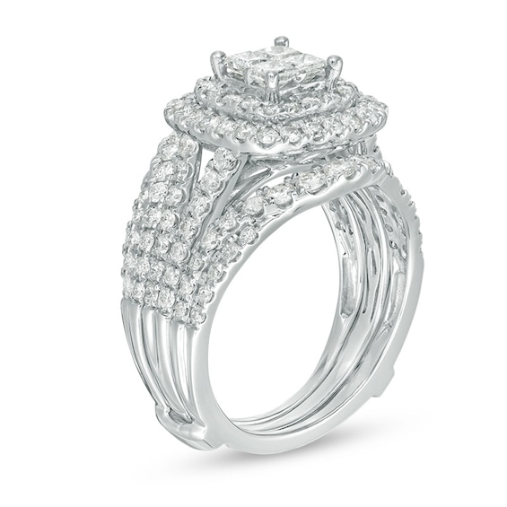 Previously Owned - 2 CT. T.w. Quad Princess-Cut Diamond Double Frame Soldered Bridal Set in 14K White Gold