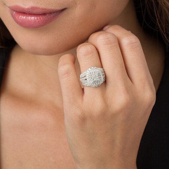 Previously Owned - 2 CT. T.w. Quad Princess-Cut Diamond Double Frame Soldered Bridal Set in 14K White Gold