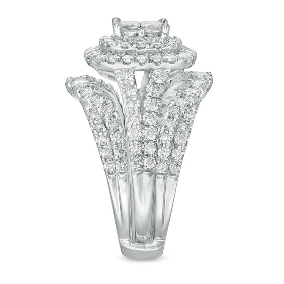 Previously Owned - 2 CT. T.w. Quad Princess-Cut Diamond Double Frame Soldered Bridal Set in 14K White Gold