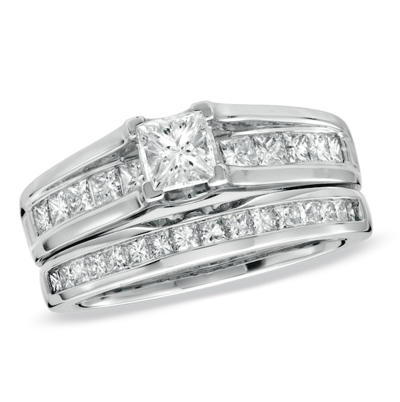 Previously Owned - 1-1/2 CT. T.w. Princess-Cut Diamond Bridge Soldered Bridal Set in 14K White Gold