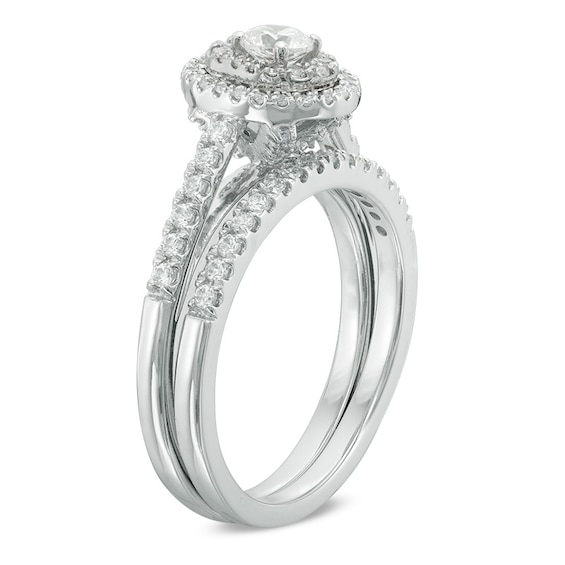Previously Owned - 3/4 CT. T.w. Diamond Double Oval Frame Soldered Bridal Set in 14K White Gold