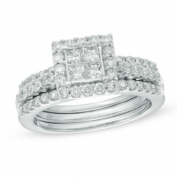 Previously Owned - 1-1/4 CT. T.w. Quad Princess-Cut Diamond Soldered Bridal Set in 14K White Gold