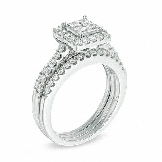 Previously Owned - 1-1/4 CT. T.w. Quad Princess-Cut Diamond Soldered Bridal Set in 14K White Gold