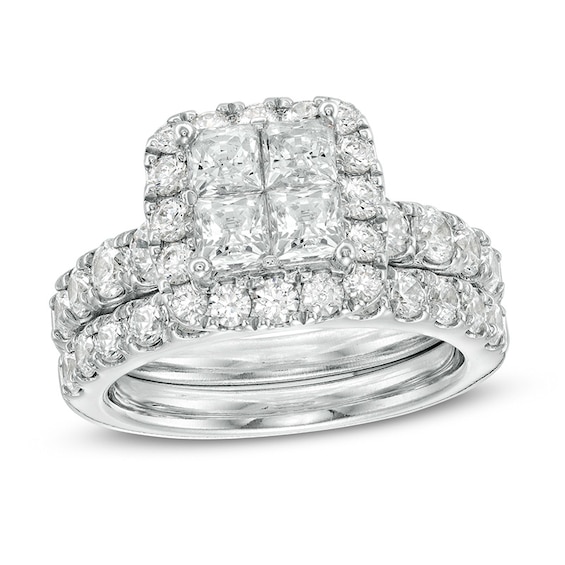 Previously Owned - 3 CT. T.w. Quad Princess-Cut Diamond Frame Soldered Bridal Set in 14K White Gold