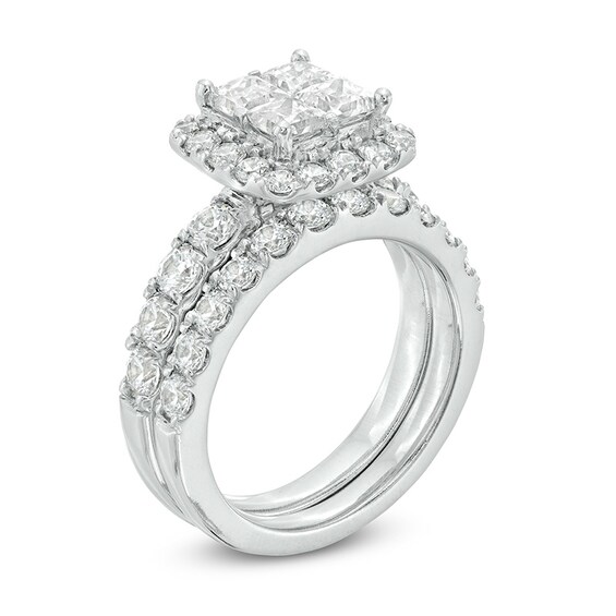 Previously Owned - 3 CT. T.w. Quad Princess-Cut Diamond Frame Soldered Bridal Set in 14K White Gold