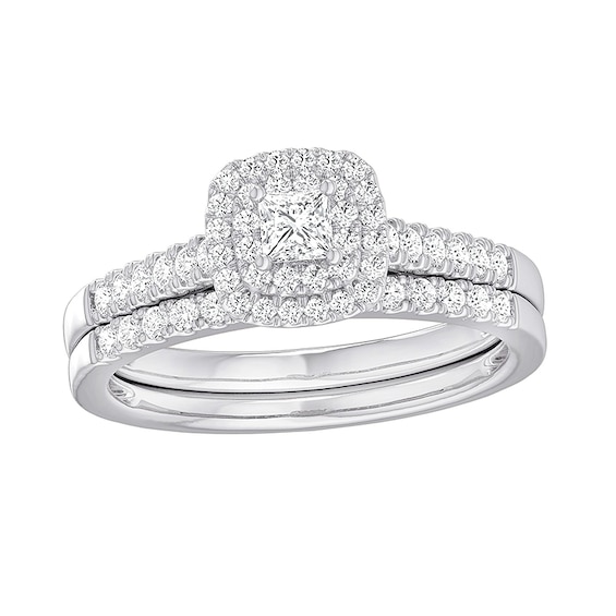 Previously Owned - 1/2 CT. T.w. Princess-Cut Diamond Cushion Double Frame Soldered Bridal Set in Sterling Silver