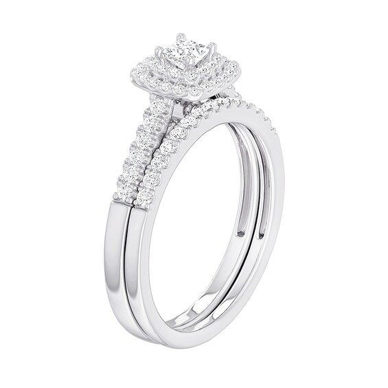 Previously Owned - 1/2 CT. T.w. Princess-Cut Diamond Cushion Double Frame Soldered Bridal Set in Sterling Silver