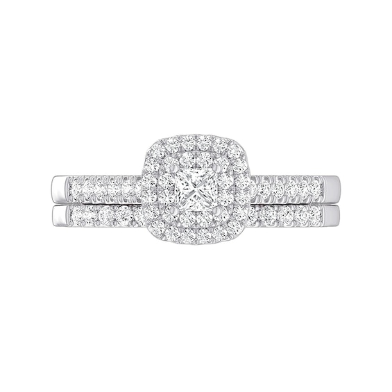 Previously Owned - 1/2 CT. T.w. Princess-Cut Diamond Cushion Double Frame Soldered Bridal Set in Sterling Silver