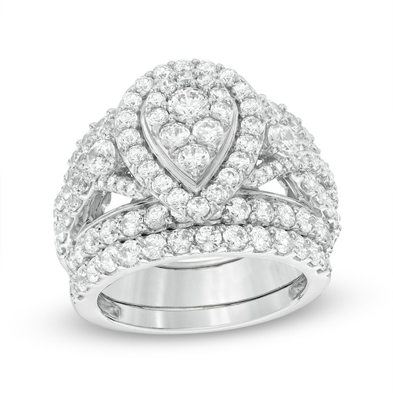 Previously Owned - 3 CT. T.w. Composite Diamond Pear-Shaped Frame Three Piece Soldered Bridal Set in 14K White Gold