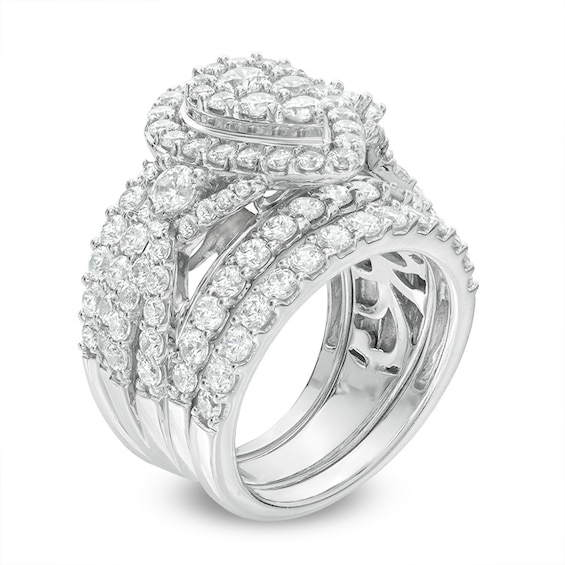 Previously Owned - 3 CT. T.w. Composite Diamond Pear-Shaped Frame Three Piece Soldered Bridal Set in 14K White Gold