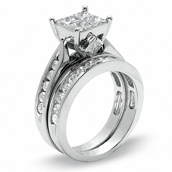 Previously Owned - 2 CT. T.w. Quad Princess-Cut Diamond Soldered Bridal Set in 14K White Gold