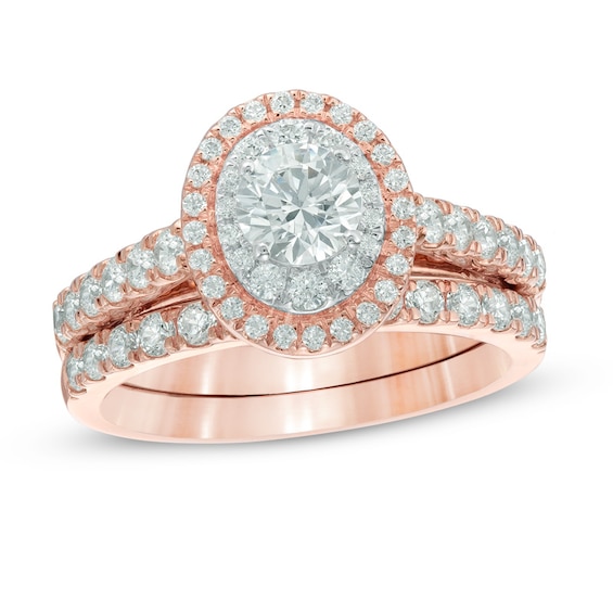 Previously Owned - 1-1/2 CT. T.w. Diamond Oval Double Frame Soldered Bridal Set in 14K Rose Gold