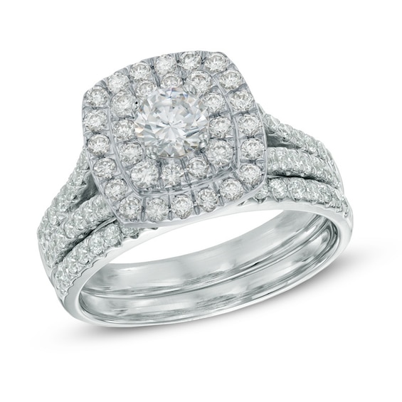 Previously Owned - 1-1/2 CT. T.w. Diamond Double Frame Soldered Bridal Set in 14K White Gold (I/I2)