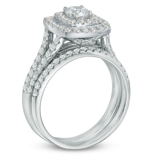 Previously Owned - 1-1/2 CT. T.w. Diamond Double Frame Soldered Bridal Set in 14K White Gold (I/I2)