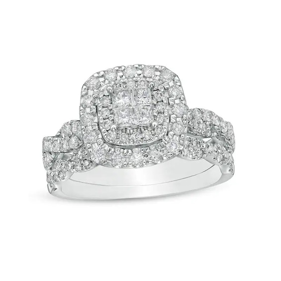 Previously Owned - 1 CT. T.w. Quad Princess-Cut Diamond Cushion-Shaped Frame Twist Soldered Bridal Set in 14K White Gold