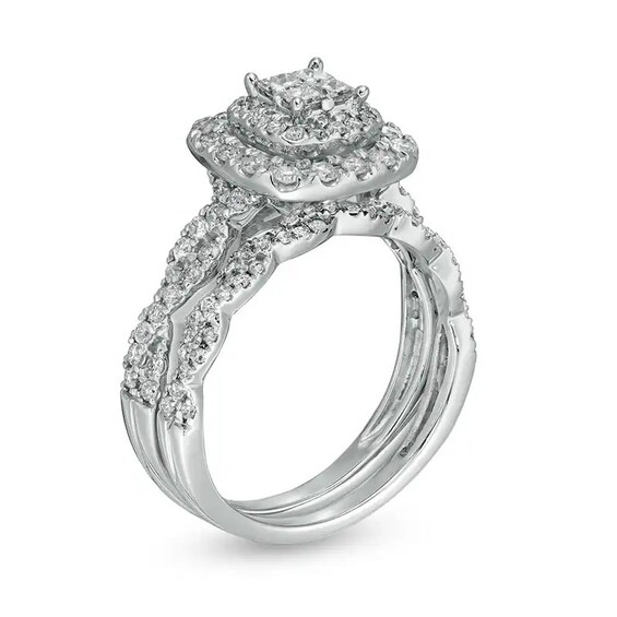 Previously Owned - 1 CT. T.w. Quad Princess-Cut Diamond Cushion-Shaped Frame Twist Soldered Bridal Set in 14K White Gold