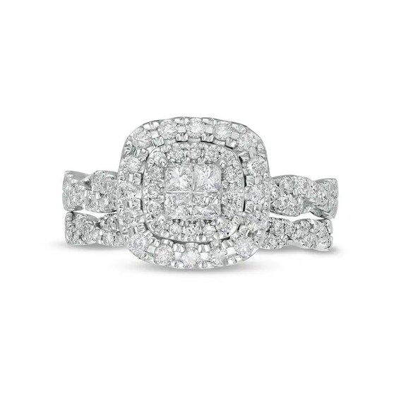 Previously Owned - 1 CT. T.w. Quad Princess-Cut Diamond Cushion-Shaped Frame Twist Soldered Bridal Set in 14K White Gold