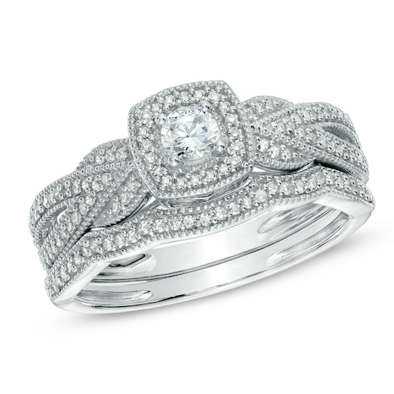Previously Owned - 3/8 CT. T.w. Diamond Braid Vintage-Style Frame Soldered Bridal Set in 10K White Gold