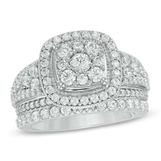 Previously Owned - 1-3/4 CT. T.w. Diamond Frame Cluster Soldered Bridal Set in 14K White Gold