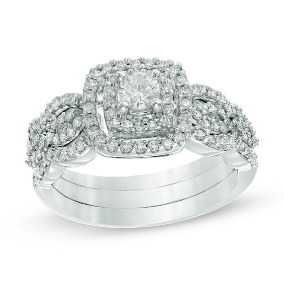 Previously Owned - 5/8 CT. T.w. Diamond Double Frame Soldered Bridal Set in 10K White Gold