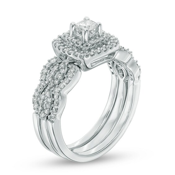 Previously Owned - 5/8 CT. T.w. Diamond Double Frame Soldered Bridal Set in 10K White Gold