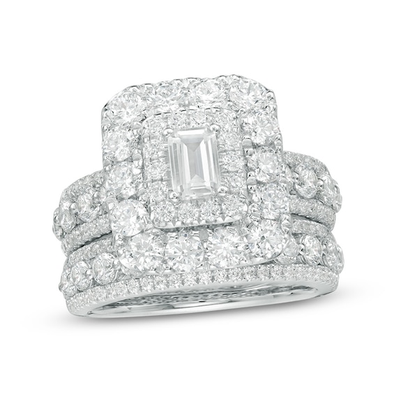 Previously Owned - 4 CT. T.w. Emerald-Cut Diamond Double Frame Multi-Row Soldered Bridal Set in 14K White Gold (I/I1)