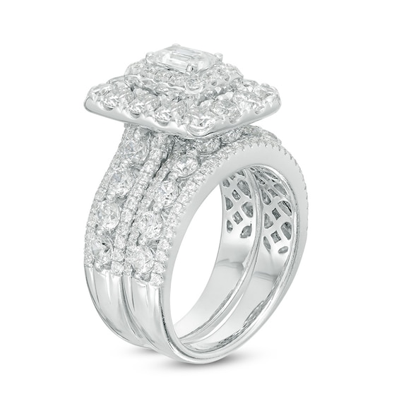 Previously Owned - 4 CT. T.w. Emerald-Cut Diamond Double Frame Multi-Row Soldered Bridal Set in 14K White Gold (I/I1)