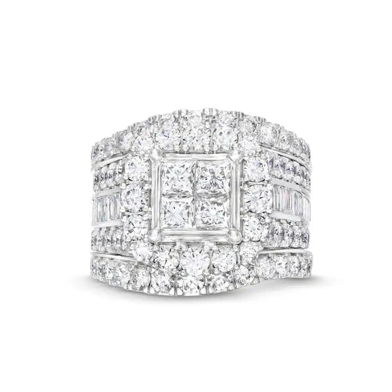 Previously Owned - 4 CT. T.w. Quad Princess-Cut Diamond Cushion Frame Three-Piece Soldered Bridal Set in 14K White Gold