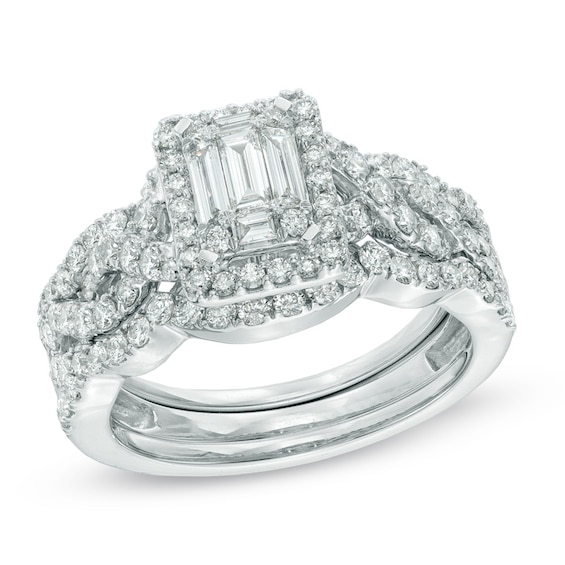 Previously Owned - 1-1/2 CT. T.w. Multi-Baguette Diamond Frame Three Piece Soldered Bridal Set in 14K White Gold