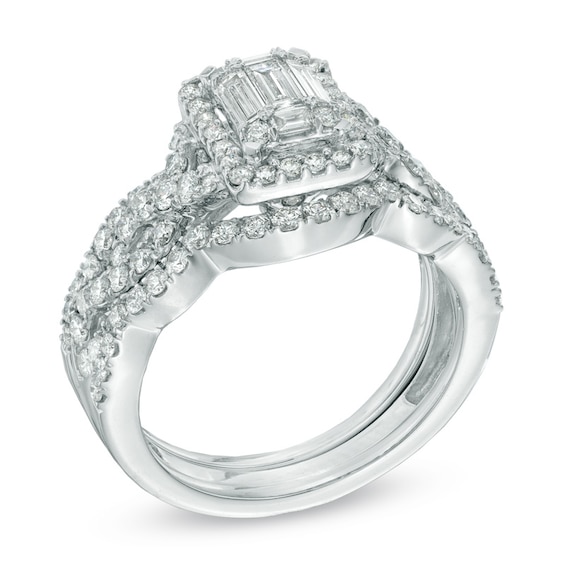 Previously Owned - 1-1/2 CT. T.w. Multi-Baguette Diamond Frame Three Piece Soldered Bridal Set in 14K White Gold