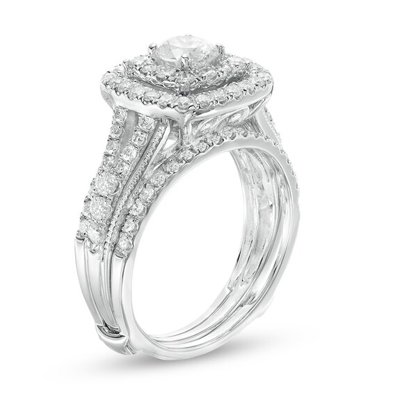 Previously Owned - 1-1/2 CT. T.w. Diamond Double Square Frame Split Shank Soldered Bridal Set in 14K White Gold