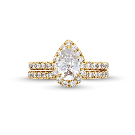 Previously Owned - 2 CT. T.w. Pear-Shaped Lab-Grown Diamond Frame Bridal Set in 14K Gold (F/Vs2)