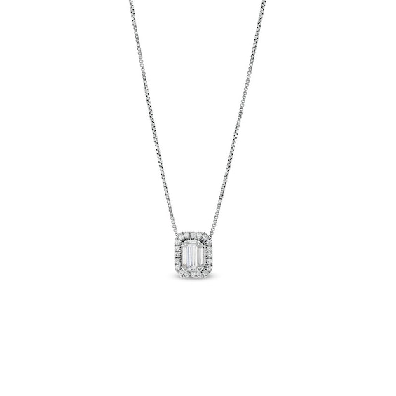 Previously Owned - 1/4 CT. T.w. Emerald-Shaped Lab-Grown Multi-Diamond Frame Pendant in 14K White Gold (F/Si2)