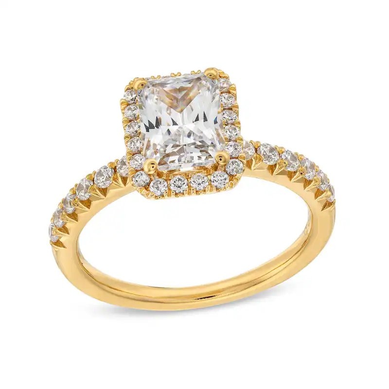 Main Image 1 of Previously Owned - 2 CT. T.W. Radiant-Cut Lab-Grown Diamond Frame Engagement Ring in 14K Gold (F/VS2)